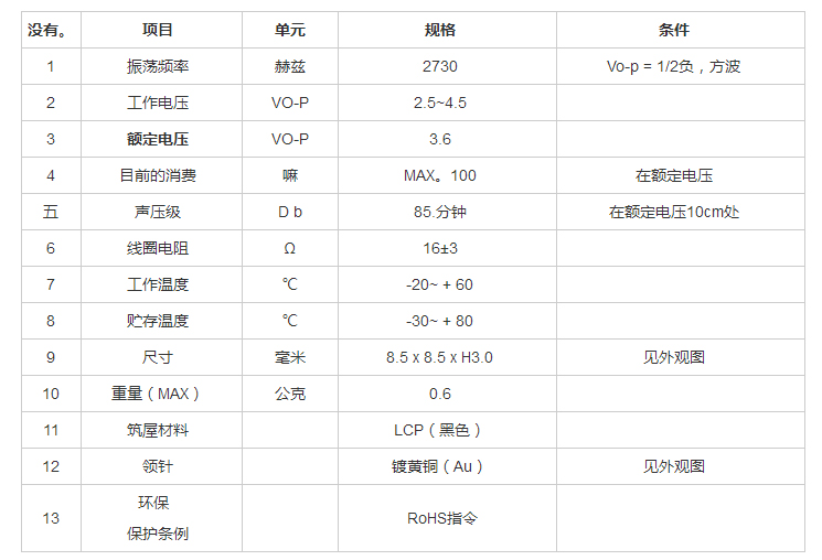 無源蜂鳴器SMD-085030F